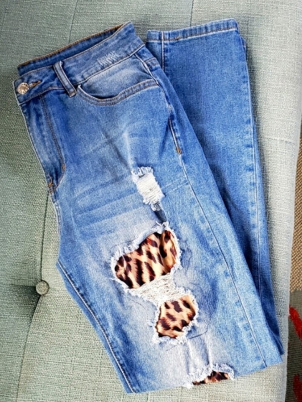 Leopard-Patch Blue Skinny Jeans for Women